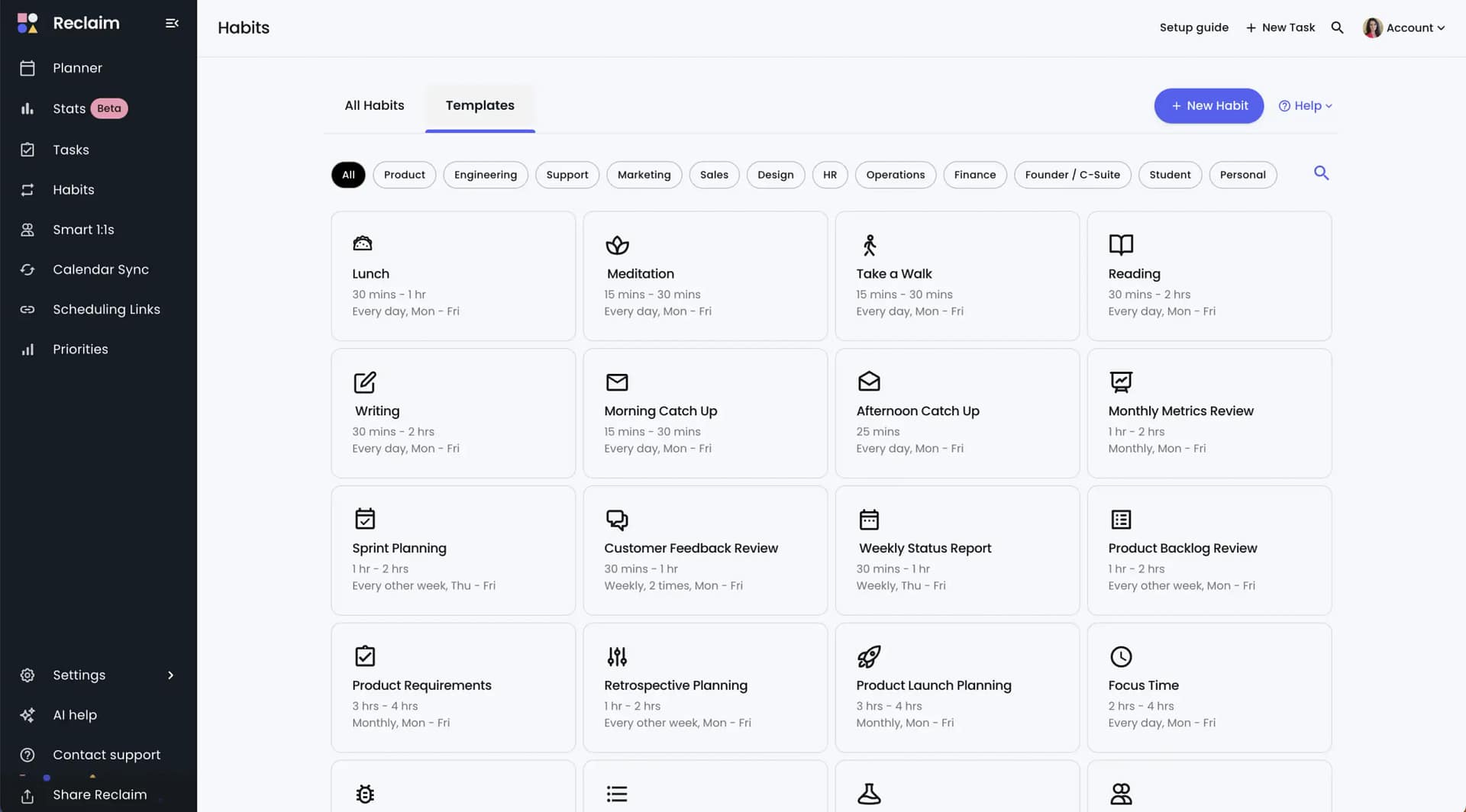 reclaim ai habits templates screenshot