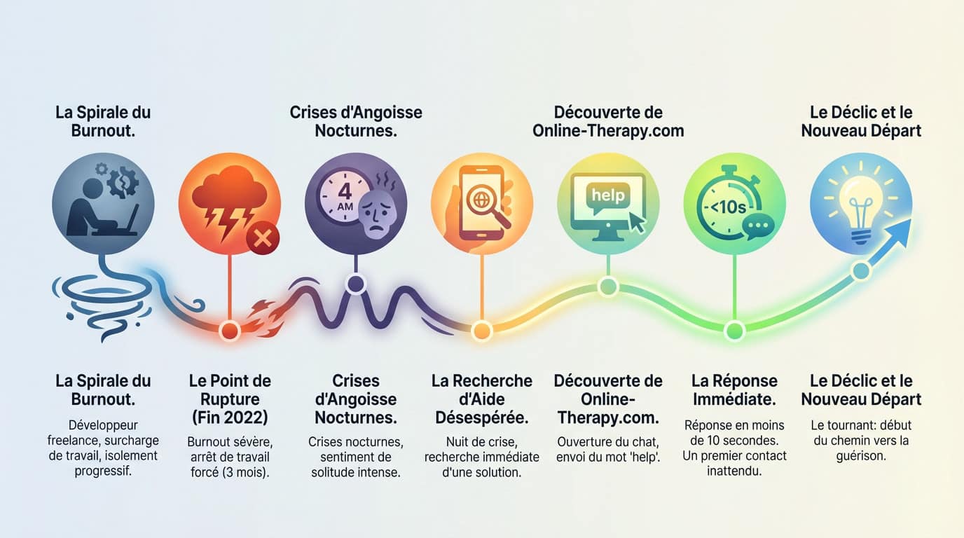 Alex ex-développeur freelance en burnout face à son ordinateur la nuit