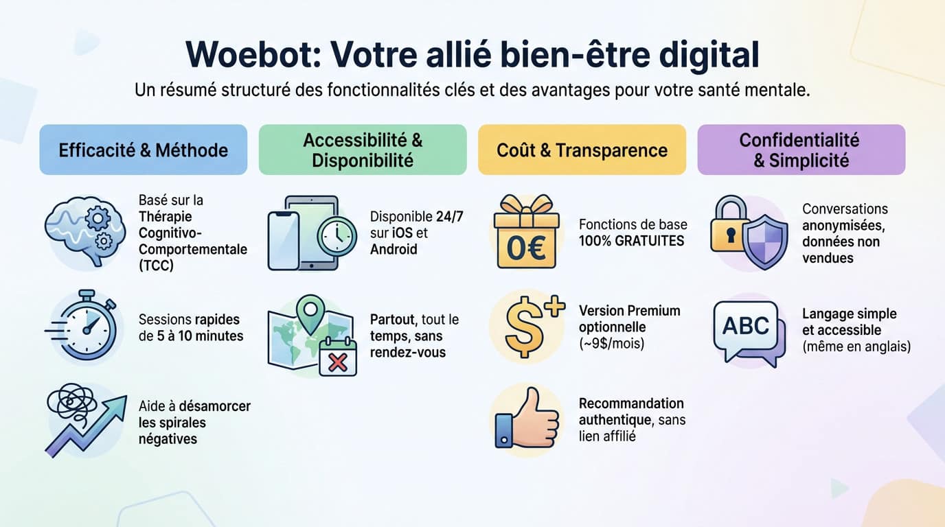 Interface de l'application Woebot montrant une conversation de soutien en santé mentale